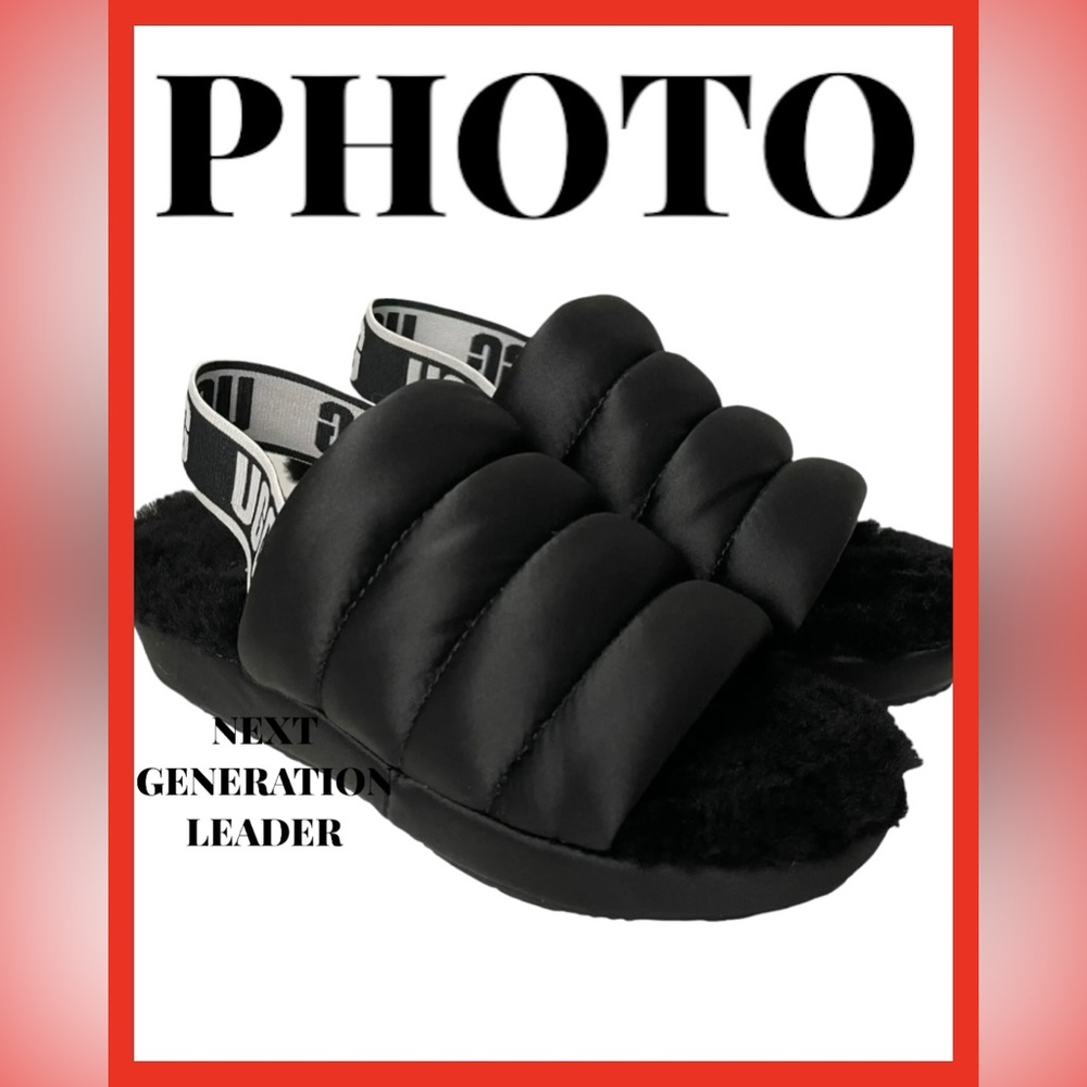 UGG Slipper Slides Size 10 Puff Yeah Black Satin Sheepskin Slingback